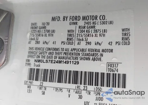 2021 Ford Transit Connect Xl из США, поврежденный, VIN NM0LS7E24M1491129